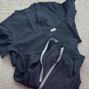 Figs Navy Blue Sona V-neck scrub top & high waisted, wide leg scrub pants